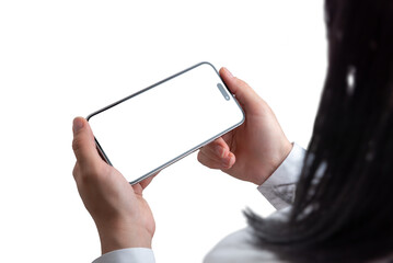 Poster - Woman holding smartphone in horizontal position. Isolated, transparent screen and background. Concept of watching movies or playing games on mobile phone