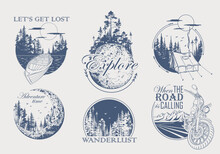Set Of Hand Drawn Travel Illustrations With Forest Trees Silhouette, Mountains And Moon. Wanderlust. Adventure. Vector Isolated Illustration For T-shirt Design, Posters, Stickers, Tatoo, Label, Badges