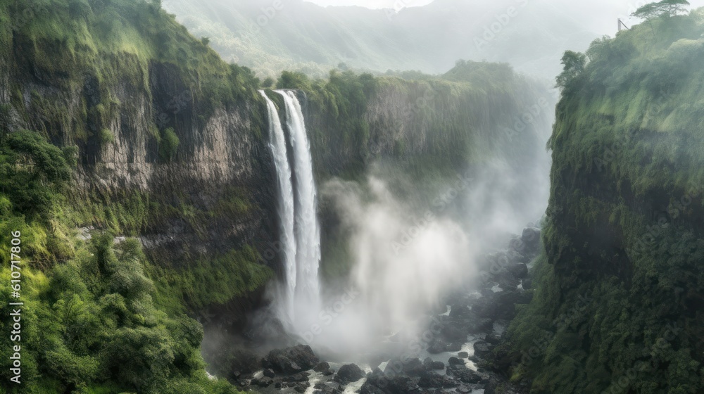 Breathtaking scene featuring a massive waterfall cascading down a rocky ...