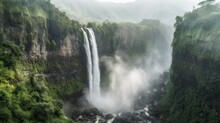 Breathtaking Scene Featuring A Massive Waterfall Cascading Down A Rocky Cliff, Surrounded By Lush Vegetation And Mist