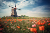 Fototapeta Tulipany - Poppy blossoms in the field, against the background of mills and the sky, on a sunny day.