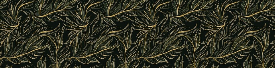 Abstract luxury elegant floral organic texture wallpaper banner illustration - Gold line art leaves on dark background, seamless pattern Generative AI