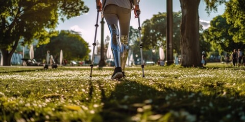 Sticker - A person with crutches walking in a park. Generative AI image.