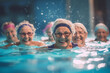 A group of elderly women having a fun and energetic water aerobics session in a pool, elderly happy people, old age, bokeh Generative AI