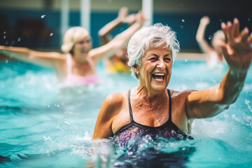 A group of elderly women having a fun and energetic water aerobics session in a pool, elderly happy people, old age, bokeh Generative AI