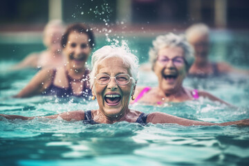 a group of elderly women having a fun and energetic water aerobics session in a pool, elderly happy 