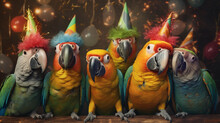 Group Of Parrots With Party Hats. Generative AI