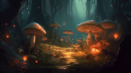 Wall Mural - A magical forest with glowing mushrooms. Fantasy concept , Illustration painting. Generative AI