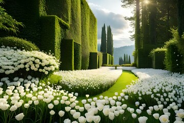 A garden filled with elegant white roses, symbolizing purity and timeless beauty