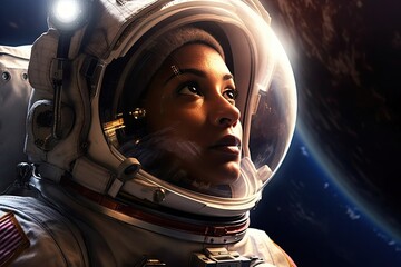 young pretty woman astronaut exploring outer space