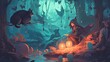 A mysterious witch and her familiar black cat brewing potions in a hidden forest grove. Fantasy concept , Illustration painting. Generative AI