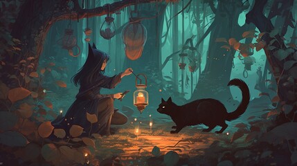 Wall Mural - A mysterious witch and her familiar black cat brewing potions in a hidden forest grove. Fantasy concept , Illustration painting. Generative AI