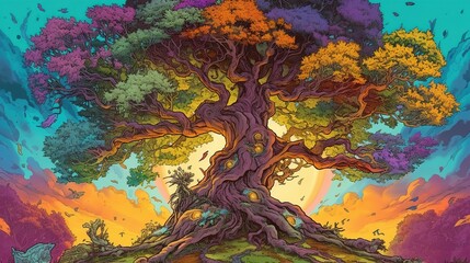 Wall Mural - A mythical tree with magical powers. Fantasy concept , Illustration painting. Generative AI