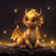 Super Cute Golden, Yellow Little Baby Dragon With Big Black Eyes. Fantasy Monster. Small Funny Cartoon Character. Fairy Tale. Isolated On Black. Full Body. 3d Vector Illustration For Children