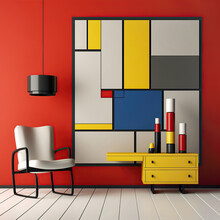 Suprematism Style Interior Design Of Modern Living Room With Armchair And Wall With Abstract Geometric Shapes. Created With Generative AI
