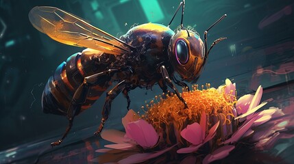 Wall Mural - A robotic bee pollinating a genetically-modified flower. Fantasy concept , Illustration painting. Generative AI