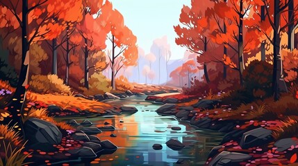 Wall Mural - A scenic autumn forest with colorful leaves and a peaceful stream. Fantasy concept , Illustration painting. Generative AI