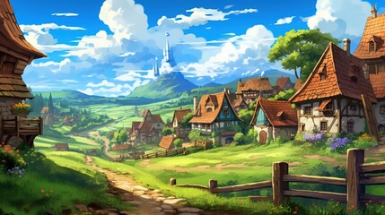 Wall Mural - A scenic countryside with rolling hills and a quaint village in the distance. Fantasy concept , Illustration painting. Generative AI
