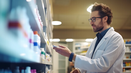 Sticker - Portrait of a dedicated male pharmacist taking a medicine from the shelf, while wearing eyeglasses and lab coat during work in a modern drugstore with various pharmaceutical products