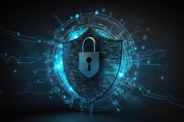 Cyber security concept. Shield with padlock on digital background