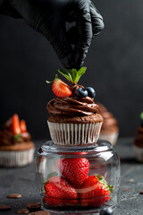 Wall Mural - Chocolate cupcakes. Freshly baked muffins with fresh berries