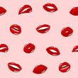 Seamless pattern of women's lips with glossy red lipstick on a pink background. Pattern of female mouth gestures. Vector illustration in flat style