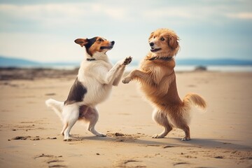 Two dogs playing on the beach. Beautiful shot of two dogs standing upright and dancing. generative ai