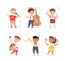 Canvas Print - Funny Boy and Girl Playing Musical Instrument Performing on Stage Vector Illustration Set