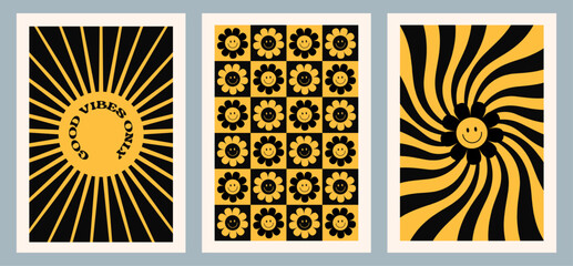 Groovy hippie 70s posters. Funny cartoon flower, daisy, sunflower. Vector cards in trendy retro psychedelic cartoon style. Vector backgrounds. Flower power. Good vibes only .