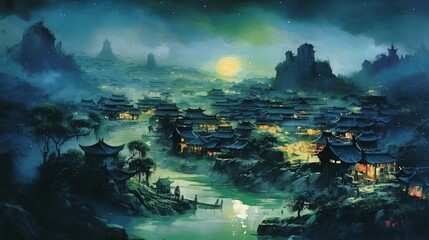 Wall Mural - illustration of Southeast Asian rural village, Generative Ai