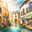 Old town street with water channel Stray vinice background, city landscape view, watercolor drawing, Vector illustration.