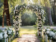 a beautiful wedding arc with white flowers in the nature, ai generated 