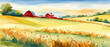 Farm on a hill with yellow or golden wheat field in a watercolor style, agriculture, cultivation, countryside, field
