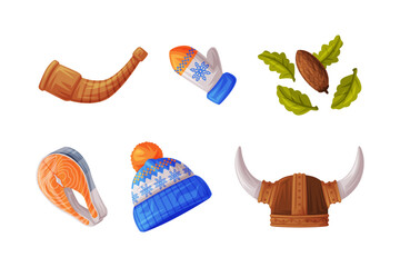 Wall Mural - Finland Country Symbol with Horn, Mitten, Hat, Cone, Viking Helmet and Salmon Steak Vector Illustration Set