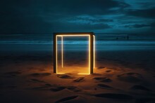 Door To The Sea. Illuminated Square Frame On Beach Sand And Palm Avenue. Generative Ai