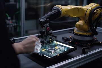 Wall Mural - Smart robot arm system for digital factory production. Automation manufacturing robot. An engineer rearview and hands close up working with computer tablet, AI Generated