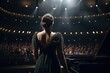 Beautiful girl in a green evening dress on the background of the concert hall, An opera singer full rear view singing in front of large audience, AI Generated