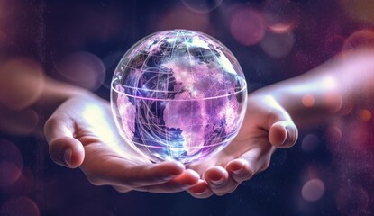 a hand holding a small grey globe with lines around it Generative AI