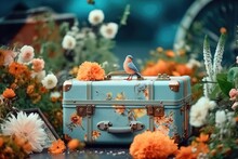 Vintage Blue Suitcase With Bird On Top And Flowers In The Background. Created With Generative AI Tools