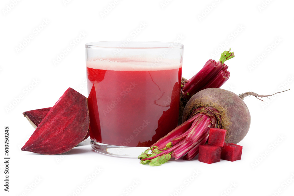 Glass of fresh beetroot juice and vegetables isolated on white background