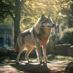 huge gray wolf in the park, sunny day, generative ai 