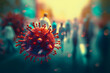 Virus particles hover, fly, spread in the air among crowds of people in public places, are carried by airborne droplets. Pandemic risk. Generative AI.