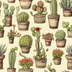 Drawn different cacti on a white background in vintage style.