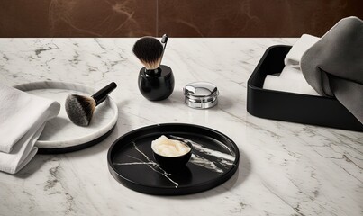  a marble counter top with a black plate and a black and white plate with a brush on it and a black and white plate with a black holder.  generative ai