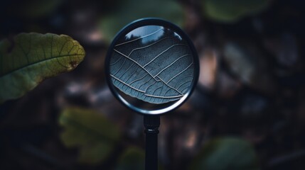 Poster - A close up of a magnifying lens with a leaf on it. Generative AI image.