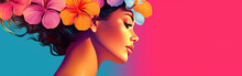 Hawaiian Model, Hawaii Flavors, Hibiscus, Gradient Color Block Background. Beautiful Girl, Woman On Colorful Happy Floral Background. Generative AI