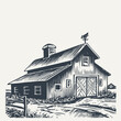 Hand drawn farm barn building illustration. Vintage woodcut engraving style vector illustration.	