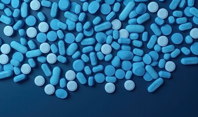  a pile of blue and white pills on a blue background with a blue background and a white pill in the middle of the pile of blue pills.  generative ai