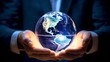 © Moritz - A businessman holds a global business globe, interconnected with a network, while focusing on digital marketing strategies and innovative solutions. Utilizing business development technology, this ind