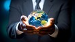 © Moritz - A businessman holds a global business globe, interconnected with a network, while focusing on digital marketing strategies and innovative solutions. Utilizing business development technology, this ind